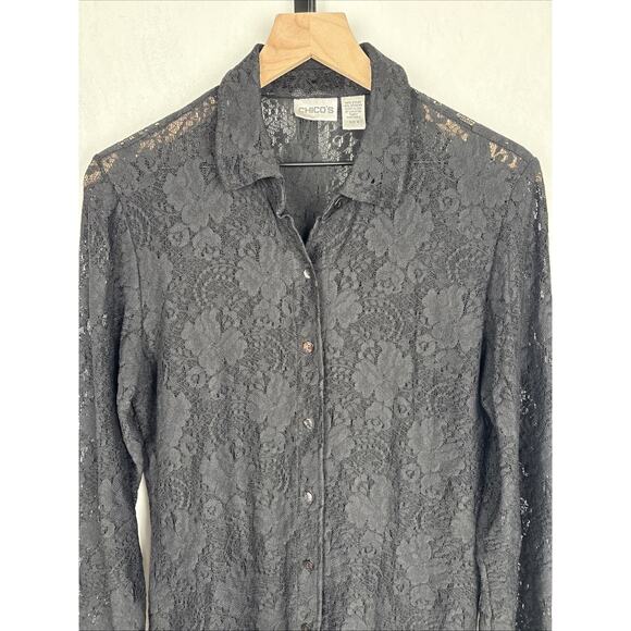 Chico's Black Lace Button Up Tunic Women's Large Collared Top Goth Witchy Sheer - Picture 2 of 10